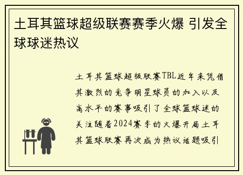 土耳其篮球超级联赛赛季火爆 引发全球球迷热议