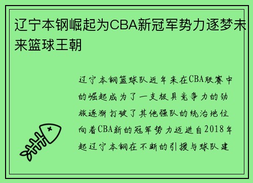辽宁本钢崛起为CBA新冠军势力逐梦未来篮球王朝