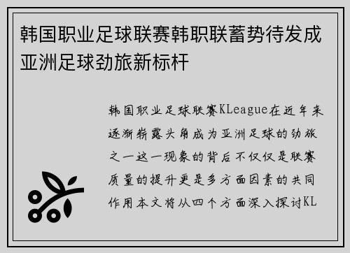 韩国职业足球联赛韩职联蓄势待发成亚洲足球劲旅新标杆
